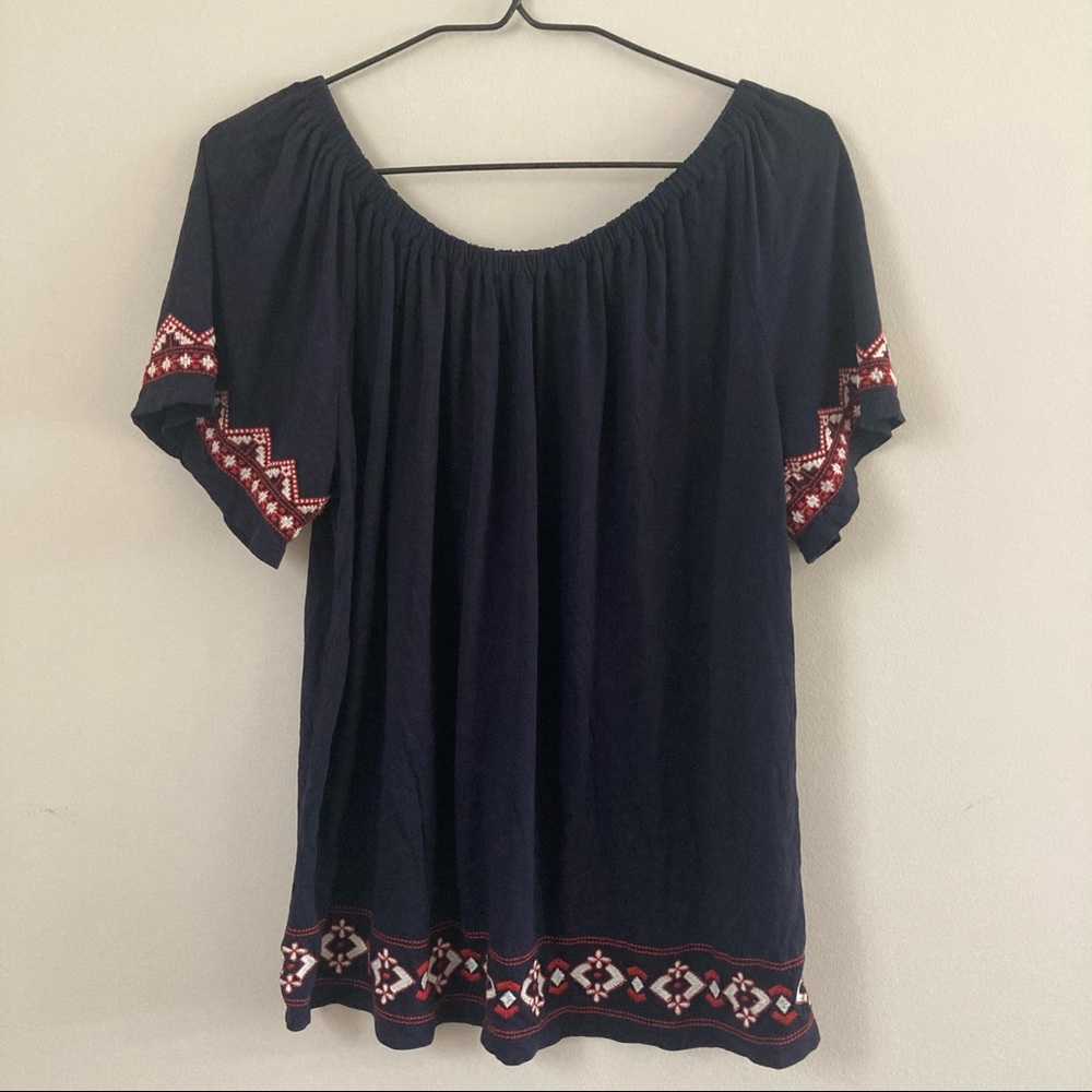 LOFT Embroidered Off-shoulder Top - Medium - Navy